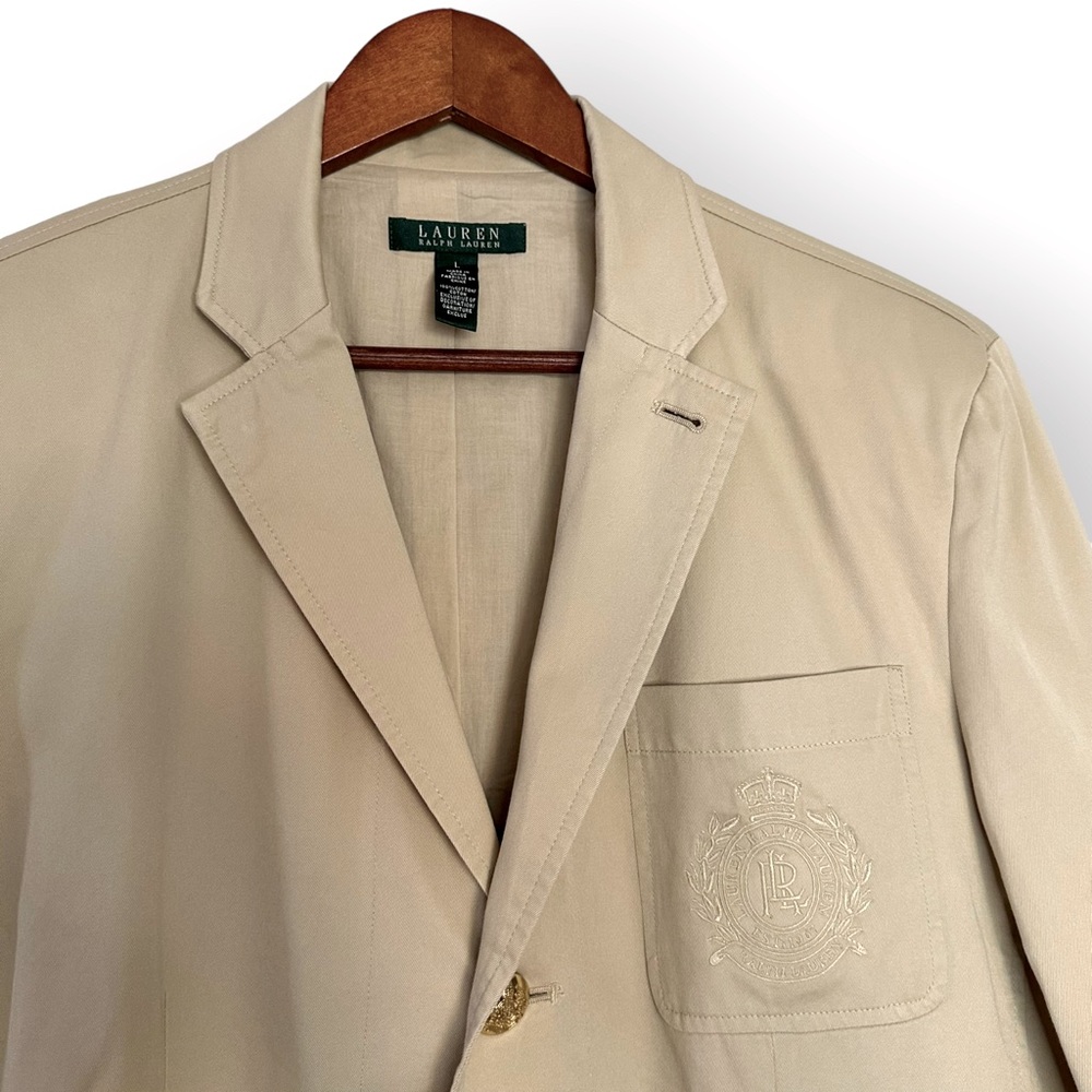 Sold-LRL Beige Blazer Jacket Embroidered Crest Logo Gold Buttons Mens L - Picture 3 of 10